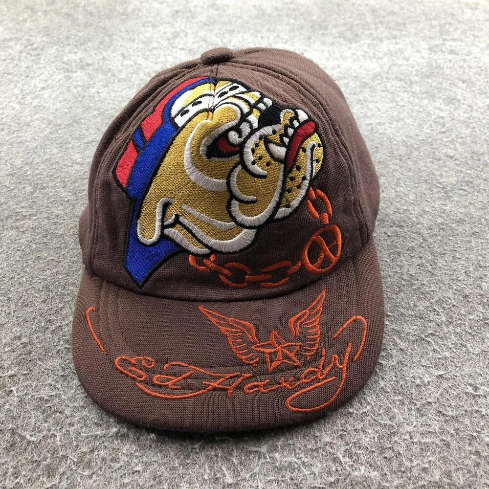 Ed Hardy Hat Cap Fitted Boys Brown Twill Embroidered Dog Tattoo Youth Y2K